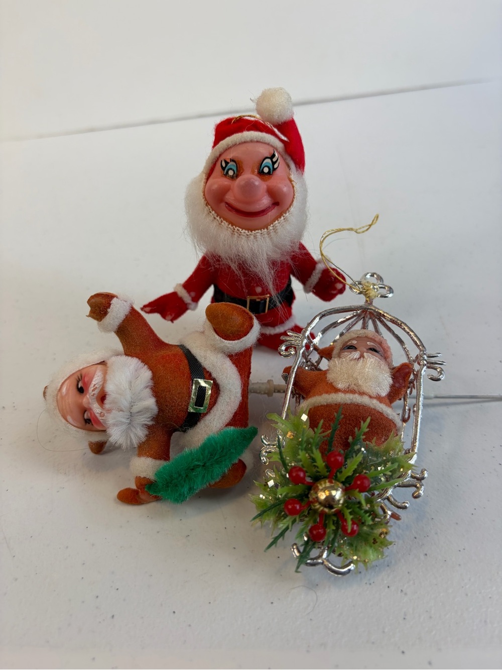 Vintage Santa Christmas Ornaments Lot Flocked Retro Kitsch Tree Decor 60s mcm